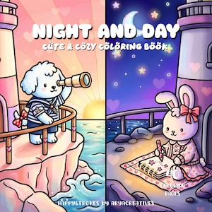 Tag und Nacht Malseite für Erwachsene Malbuch PDF, niedliches ästhetisches Malbuch, Hygge-Färbung, entspannende druckbare digitale Färbung