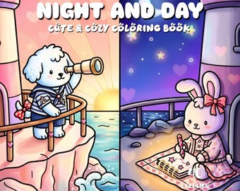 Night and Day Coloring Page for Adult Coloring Book PDF, Cute Aesthetic Coloring Book, Hygge Coloring, Relaxing Printable Digital Coloring