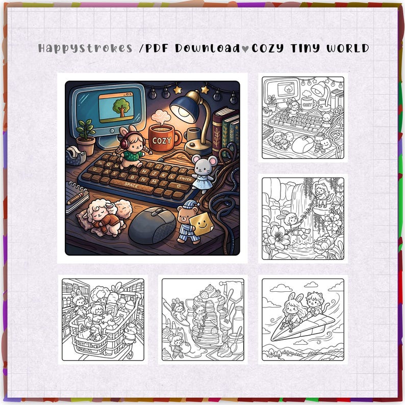 May include: A digital coloring book titled Happystrokes / PDF Download Cozy Tiny World featuring a central colored illustration of a desk with a computer, keyboard, mouse, and small animal characters, surrounded by five black and white line art pages.