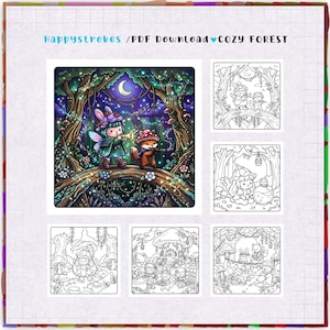May include: A digital coloring book titled Happystrokes / PDF Download Cozy Forest. It features one full-color illustration of a rabbit and fox in a forest, alongside five black and white line art pages showing forest scenes with characters.
