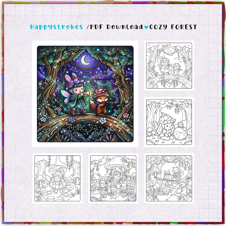 May include: A digital coloring book titled Happystrokes / PDF Download Cozy Forest. It features one full-color illustration of a rabbit and fox in a forest, alongside five black and white line art pages showing forest scenes with characters.