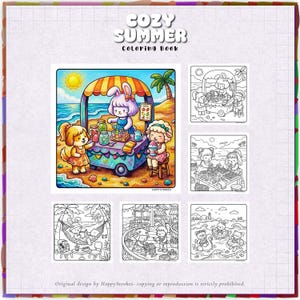 May include: A "Cozy Summer Coloring Book" features colorful and black-and-white illustrations of cartoon animals enjoying summer activities. The cover art shows a bunny selling treats at a beach stand. The book includes various summer scenes.