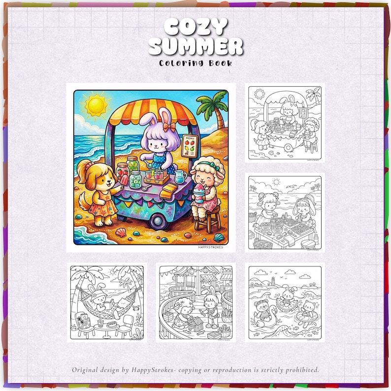 May include: A "Cozy Summer Coloring Book" features colorful and black-and-white illustrations of cartoon animals enjoying summer activities. The cover art shows a bunny selling treats at a beach stand. The book includes various summer scenes.