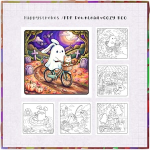 May include: A digital coloring book page set titled HappyStrokes / PDF Download Cozy Boo. It features one full-color illustration of a ghost bunny riding a bicycle with a cat in the basket, plus five black and white line art coloring pages.