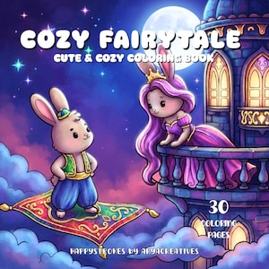 May include: A coloring book cover titled COZY FAIRYTALE CUTE & COZY COLORING BOOK featuring a rabbit on a flying carpet and a rabbit princess on a castle balcony under a full moon. The cover includes the text 30 COLORING PAGES and HAPPYSTROKES BY ARYACREATIVES.