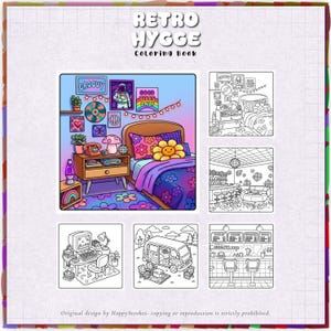 May include: A Retro Hygge Coloring Book featuring a colorful bedroom illustration and five black and white line art pages. The scenes include a bedroom, a lounge, a computer desk, a camper van, and a diner counter with menu text on the wall.