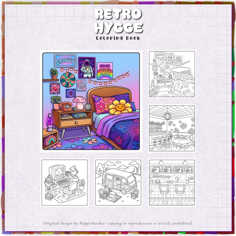 May include: A Retro Hygge Coloring Book featuring a colorful bedroom illustration and five black and white line art pages. The scenes include a bedroom, a lounge, a computer desk, a camper van, and a diner counter with menu text on the wall.