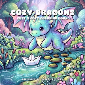 K&ouml;nnte beinhalten: Ein Malbuch mit dem Titel COZY DRAGONS CUTE & COZY COLORING BOOK, das einen t&uuml;rkisfarbenen Drachen zeigt, der &uuml;ber ein Papierboot in einem Bach fliegt. Das Cover enth&auml;lt 30 COLORING PAGES und den Text HAPPYSTROKES BY ARYACREATIVES.