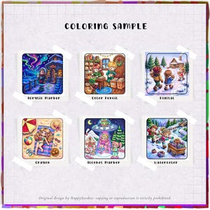 May include: A coloring sample sheet featuring six distinct illustrations labeled Acrylic Marker, Color Pencil, Digital, Crayon, Alcohol Marker, and Watercolor. Each square image depicts various scenes with characters in different artistic styles.