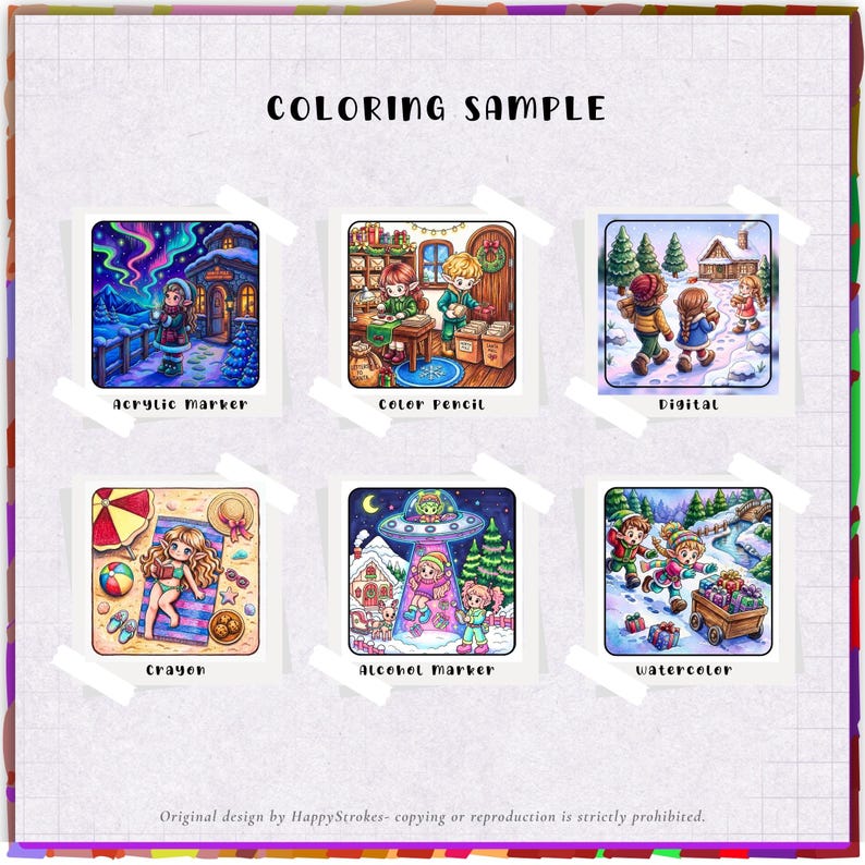 May include: A coloring sample sheet featuring six distinct illustrations labeled Acrylic Marker, Color Pencil, Digital, Crayon, Alcohol Marker, and Watercolor. Each square image depicts various scenes with characters in different artistic styles.