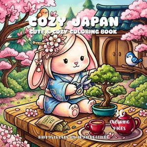 K&ouml;nnte beinhalten: Ein Malbuch-Cover mit dem Titel COZY JAPAN CUTE & COZY COLORING BOOK, das einen Hasen im blauen Kimono beim Schneiden eines Bonsai zeigt. Die Szene enth&auml;lt eine rote Teekanne, eine Tasse, einen Teebeutel und Kirschbl&uuml;ten. Text: 30 COLORING PAGES.