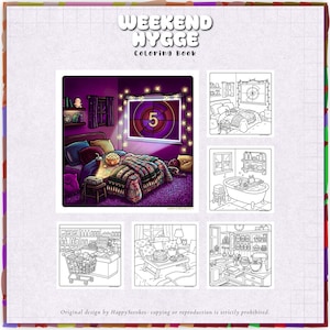 May include: A Weekend Hygge coloring book featuring a large, colorful illustration of a bedroom with a projector screen displaying the number 5, surrounded by five smaller black and white line art scenes depicting a bedroom, bathroom, grocery store, breakfast in bed, and a kitchen.