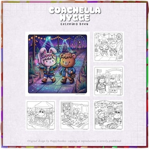 May include: A coloring book titled "COACHELLA HYGGE" features illustrations of cartoon animals at a festival. The cover image shows a bunny and a bear walking on a path. Other images show the animals at a stage, a food stand, and a Ferris wheel.