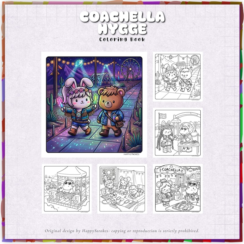 May include: A coloring book titled "COACHELLA HYGGE" features illustrations of cartoon animals at a festival. The cover image shows a bunny and a bear walking on a path. Other images show the animals at a stage, a food stand, and a Ferris wheel.
