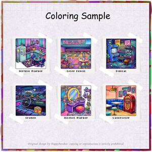 May include: A coloring sample sheet featuring six square illustrations labeled Coloring Sample. The images show a kitchen, bowling alley, arcade, car interior, vanity, and diner, labeled Acrylic Marker, Color Pencil, Digital, Crayon, Alcohol Marker, and Watercolor.