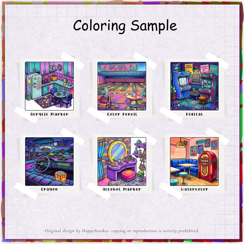 May include: A coloring sample sheet featuring six square illustrations labeled Coloring Sample. The images show a kitchen, bowling alley, arcade, car interior, vanity, and diner, labeled Acrylic Marker, Color Pencil, Digital, Crayon, Alcohol Marker, and Watercolor.