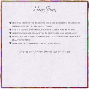 May include: A digital download advertisement with the text "Happy Strokes" in cursive. The text details the terms of use, digital download information, and a savings alert. The border is a colorful mix of red, purple, green, and brown.