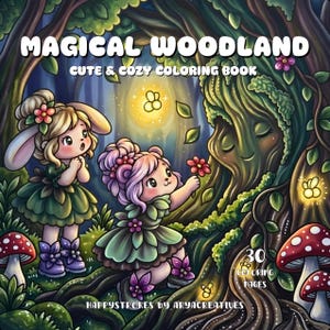 Könnte beinhalten: Ein Malbuch mit dem Titel MAGICAL WOODLAND CUTE & COZY COLORING BOOK, das zwei Figuren in einem Wald mit einem Baum, Pilzen und leuchtenden Lichtern zeigt. Der Text umfasst 30 COLORING PAGES und HAPPYSTROKES BY ARYACREATIVES.