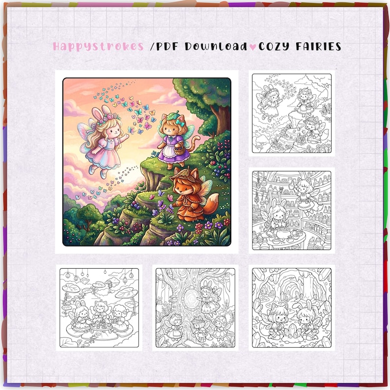 May include: A digital colouring book page set titled "happystrokes / PDF Download &hearts; COZY FAIRIES" featuring one full-colour illustration of three fairy creatures in a landscape and five black and white line art versions of various fairy scenes.