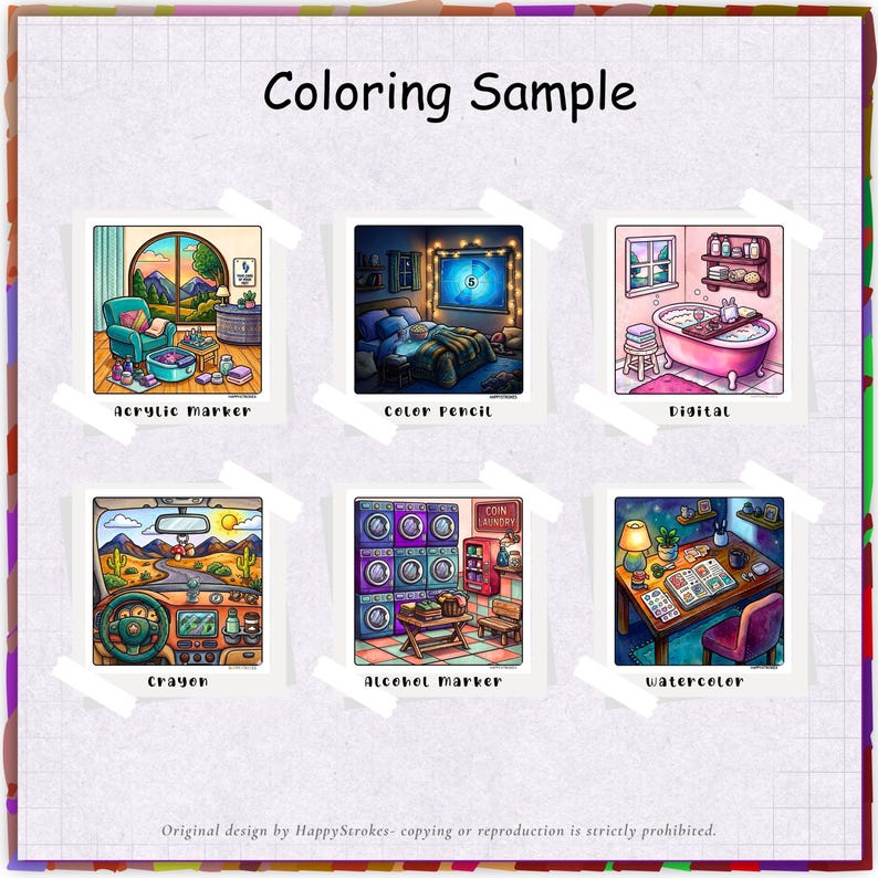 May include: A grid of six square illustrations titled Coloring Sample, showcasing different artistic mediums: Acrylic Marker, Color Pencil, Digital, Crayon, Alcohol Marker, and Watercolor. Each square depicts a unique interior or exterior scene.