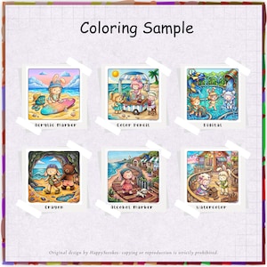 May include: A collection of six colorful illustrations labeled as coloring samples. Each image is a cartoon scene with characters and objects, showcasing different coloring techniques: acrylic marker, color pencil, digital, crayon, alcohol marker, and watercolor.