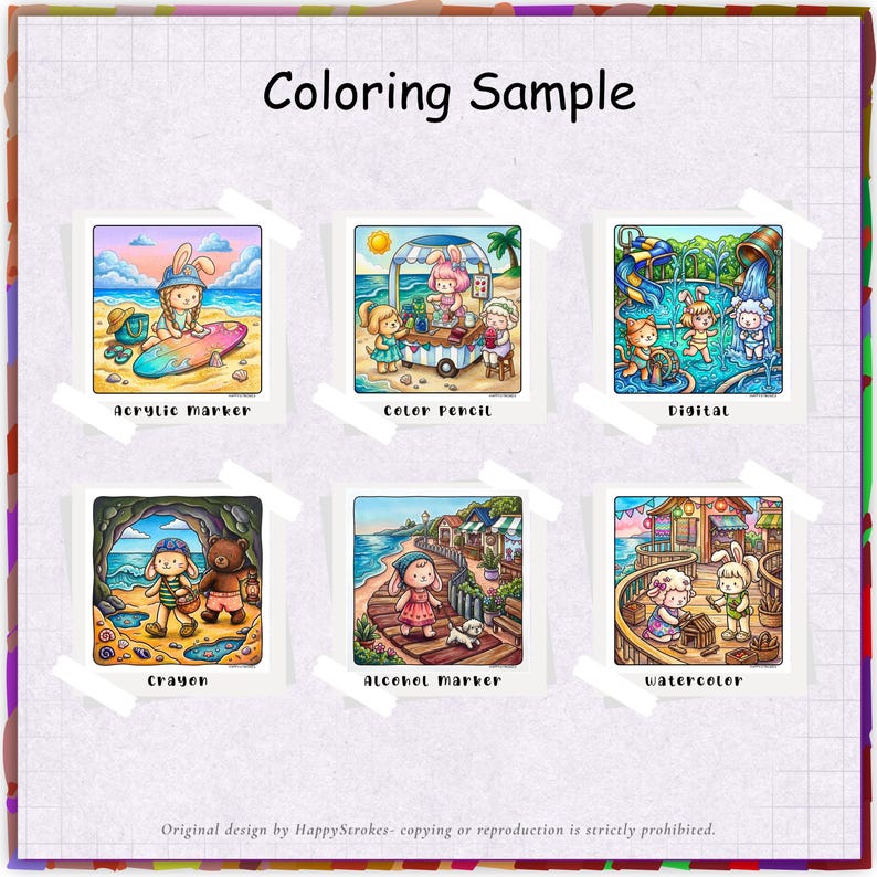 May include: A collection of six colorful illustrations labeled as coloring samples. Each image is a cartoon scene with characters and objects, showcasing different coloring techniques: acrylic marker, color pencil, digital, crayon, alcohol marker, and watercolor.