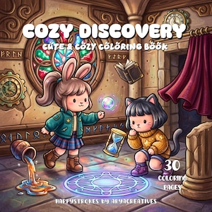 Puede incluir: Un libro para colorear titulado COZY DISCOVERY CUTE & COZY COLORING BOOK con una ilustraci&oacute;n de un personaje conejo y un personaje gato en una habitaci&oacute;n de piedra con un c&iacute;rculo m&aacute;gico, un reloj de arena, un libro flotante y 30 coloring pages.