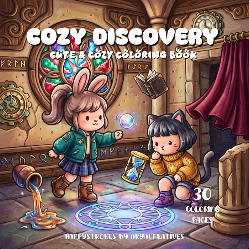 Puede incluir: Un libro para colorear titulado COZY DISCOVERY CUTE & COZY COLORING BOOK con una ilustraci&oacute;n de un personaje conejo y un personaje gato en una habitaci&oacute;n de piedra con un c&iacute;rculo m&aacute;gico, un reloj de arena, un libro flotante y 30 coloring pages.