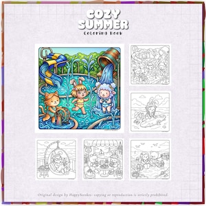May include: A "Cozy Summer Coloring Book" cover featuring colorful illustrations of cartoon animals enjoying summer activities. The main image shows a cat, bunny, and sheep at a water park. Other images are black and white.