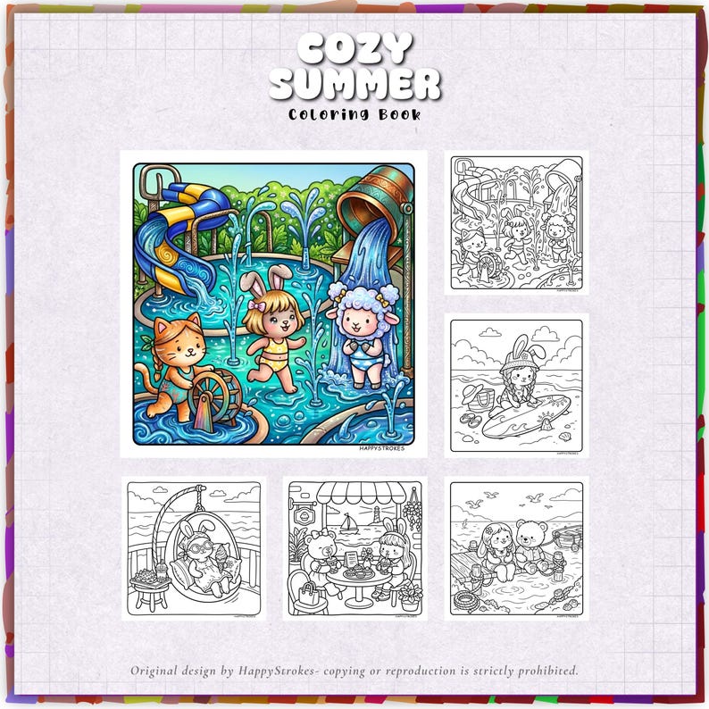 May include: A "Cozy Summer Coloring Book" cover featuring colorful illustrations of cartoon animals enjoying summer activities. The main image shows a cat, bunny, and sheep at a water park. Other images are black and white.