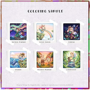 May include: A coloring sample sheet featuring six square illustrations labeled Acrylic Marker, Color Pencil, Digital, Crayon, Alcohol Marker, and Watercolor. Each square displays a different fantasy character scene with vibrant colors and distinct artistic textures.