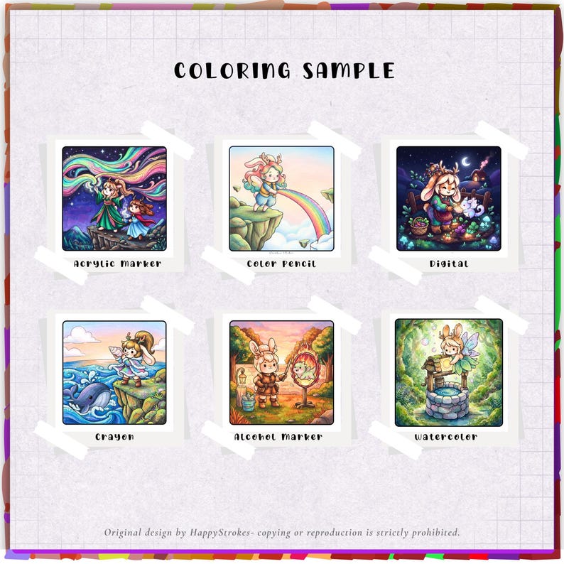 May include: A coloring sample sheet featuring six square illustrations labeled Acrylic Marker, Color Pencil, Digital, Crayon, Alcohol Marker, and Watercolor. Each square displays a different fantasy character scene with vibrant colors and distinct artistic textures.