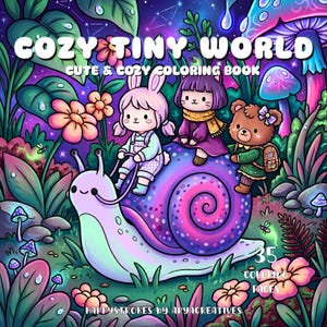 Könnte beinhalten: Farbenfrohe Illustration eines Malbuchs mit dem Titel "COZY TINY WORLD". Das Cover zeigt eine Schnecke, die drei Zeichentrickfiguren trägt: ein Kaninchen, eine Katze und einen Bären. Der Hintergrund ist ein skurriler Wald mit Blumen und Pilzen. Das Buch hat 35 Malvorlagen.