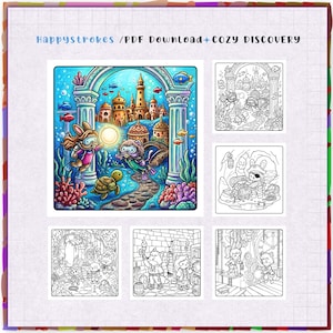 Puede incluir: Un conjunto de p&aacute;ginas para colorear digitales titulado Happystrokes / PDF Download+cozy DISCOVERY. La imagen principal muestra a dos personajes antropom&oacute;rficos buceando cerca de una ciudad submarina con corales, peces y una tortuga. Cinco escenas adicionales en blanco y negro presentan personajes en diversos entornos como una cala pirata, un bosque, una sala de piedra y un &aacute;rea de relojer&iacute;a.