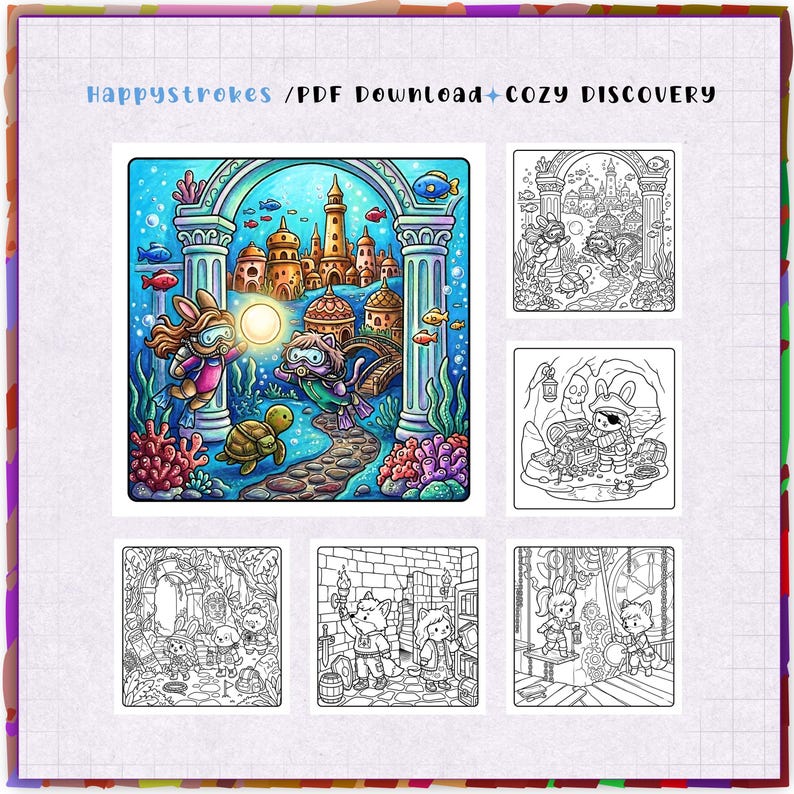 Puede incluir: Un conjunto de p&aacute;ginas para colorear digitales titulado Happystrokes / PDF Download+cozy DISCOVERY. La imagen principal muestra a dos personajes antropom&oacute;rficos buceando cerca de una ciudad submarina con corales, peces y una tortuga. Cinco escenas adicionales en blanco y negro presentan personajes en diversos entornos como una cala pirata, un bosque, una sala de piedra y un &aacute;rea de relojer&iacute;a.