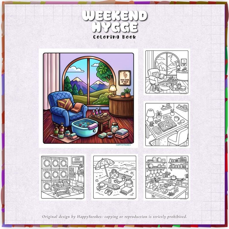 May include: A Weekend Hygge coloring book featuring a cover illustration of a blue armchair, a foot bath, and various spa items. The book includes five additional black and white line art pages depicting scenes like a desk, laundry, beach, and kitchen.
