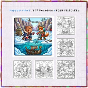Puede incluir: Un conjunto de p&aacute;ginas para colorear digitales titulado HappyStrokes / PDF Download+cozy DISCOVERY. La imagen principal muestra a un oso y un zorro pescando en un lago helado con un barco vikingo visible bajo el hielo. Cinco escenas adicionales en blanco y negro presentan varios personajes animales en entornos al aire libre.