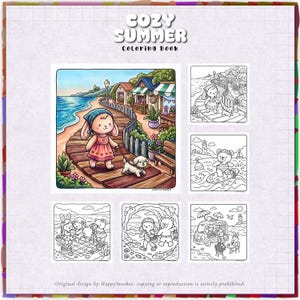 May include: A "Cozy Summer Coloring Book" featuring illustrations of cute animals enjoying summer activities. The cover shows a bunny and dog walking on a boardwalk. Other images include a bunny at the beach, a bear surfing, and a picnic scene.