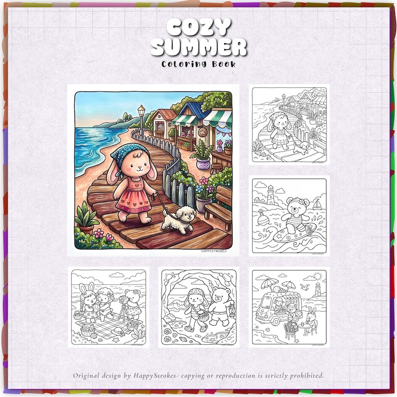 May include: A "Cozy Summer Coloring Book" featuring illustrations of cute animals enjoying summer activities. The cover shows a bunny and dog walking on a boardwalk. Other images include a bunny at the beach, a bear surfing, and a picnic scene.