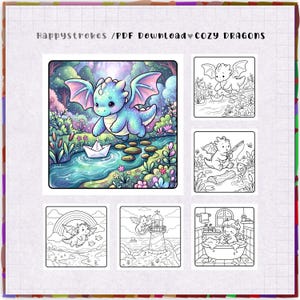 K&ouml;nnte beinhalten: Ein digitales Malbuch-Seitenset mit dem Titel HappyStrokes / PDF Download Cozy Dragons. Es enth&auml;lt eine farbige Illustration eines blauen Drachen mit rosa Fl&uuml;geln, der mit einem Papierboot spielt, sowie f&uuml;nf schwarz-wei&szlig;e Drachen-Ausmalbilder.