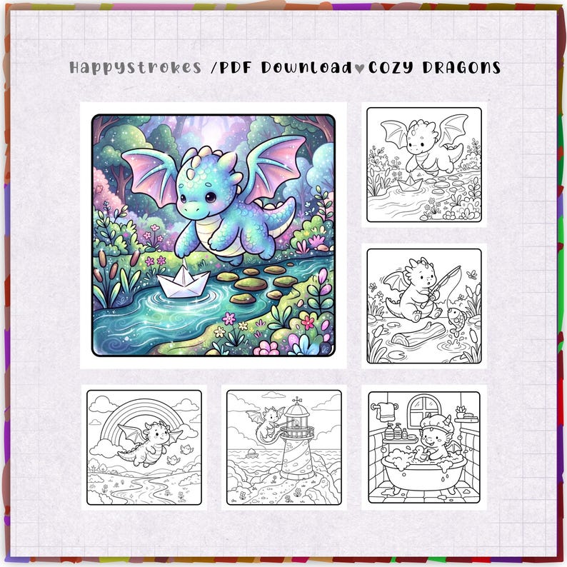 K&ouml;nnte beinhalten: Ein digitales Malbuch-Seitenset mit dem Titel HappyStrokes / PDF Download Cozy Dragons. Es enth&auml;lt eine farbige Illustration eines blauen Drachen mit rosa Fl&uuml;geln, der mit einem Papierboot spielt, sowie f&uuml;nf schwarz-wei&szlig;e Drachen-Ausmalbilder.