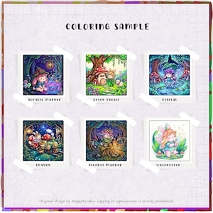 May include: A grid of six square illustrations labeled COLORING SAMPLE, featuring fantasy characters in forest settings. Labels include Acrylic Marker, Color Pencil, Digital, Crayon, Alcohol Marker, and Watercolor. Text at bottom reads: Original design by HappyStrokes- copying or reproduction is strictly prohibited.