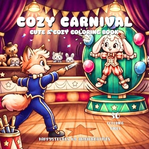 Pode incluir: Uma capa de livro de colorir intitulada COZY CARNIVAL CUTE & COZY COLORING BOOK com uma raposa de desenho animado em um terno azul jogando uma faca em uma roda com um coelho, cercada por balões e decoração de tenda de circo.