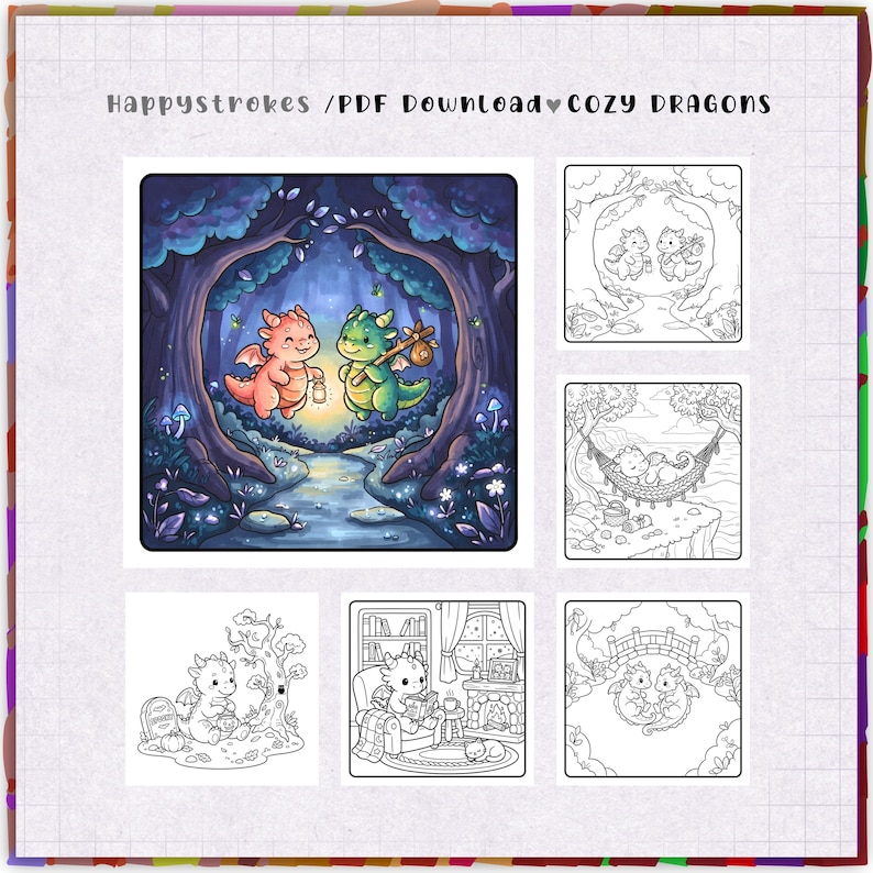K&ouml;nnte beinhalten: Ein digitales Malbuch-Seitenset mit dem Titel HappyStrokes / PDF Download &hearts; COZY DRAGONS. Es enth&auml;lt eine farbige Illustration von zwei Drachen in einem Wald und f&uuml;nf schwarz-wei&szlig;e Strichzeichnungen, die Drachen in verschiedenen Szenen zeigen.