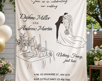 Personalized Black Line Art Wedding Dinner Tapestry,Bride Groom Table Floral Decor,Wedding Photo Background, Minimalist Elegant Wall Hanging