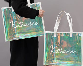 Gepersonaliseerde holografische stranddraagtas, vrijgezellencadeau bruidsmeisje