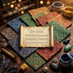 May include: A collection of colorful Batik Kawung Javanese seamless pattern fabric squares arranged on a wooden surface. The squares feature intricate floral designs in shades of blue, green, red, and gold. The image includes text that reads "20+ Batik Kawung Javanese Seamless Pattern".