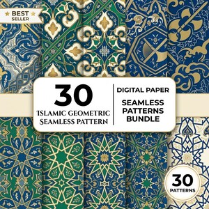 Può includere: Un pacchetto di carta digitale con 30 motivi geometrici islamici senza cuciture in tonalità blu, verde, oro e crema. La collezione include intricati motivi floreali, forme a stella e linee intrecciate, presentati come un set di design grafici di alta qualità per progetti creativi.