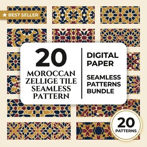 Könnte beinhalten: Ein digitales Papierbündel mit 20 nahtlosen marokkanischen Zellige-Fliesenmustern in Marineblau, Gold und Dunkelrot. Das Bild zeigt verschiedene geometrische Designs und enthält den Text 20 DIGITAL PAPER SEAMLESS PATTERNS BUNDLE.
