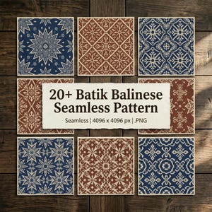 May include: A collection of nine square tiles with intricate batik patterns in shades of blue and brown. The tiles are arranged on a wooden surface. The image includes text that reads "20+ Batik Balinese Seamless Pattern".